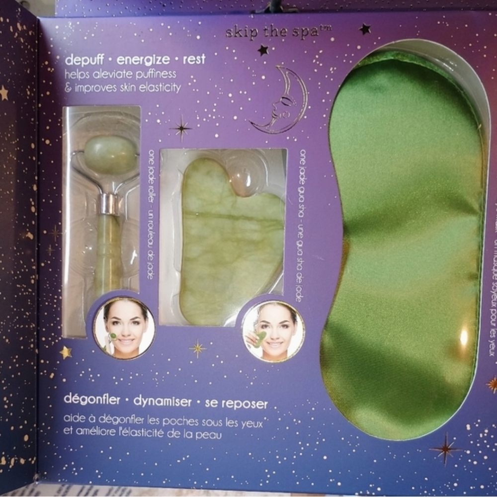 Skip The Spa Self Care & Sculpting Trio Set Gua Sha Mask Jade Roller 3 PC Set